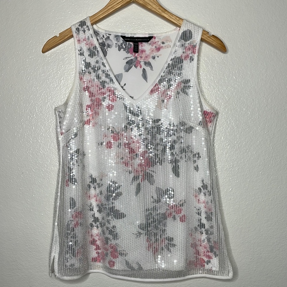 White House Black Market Floral Print Sequin Lined sz XXS White